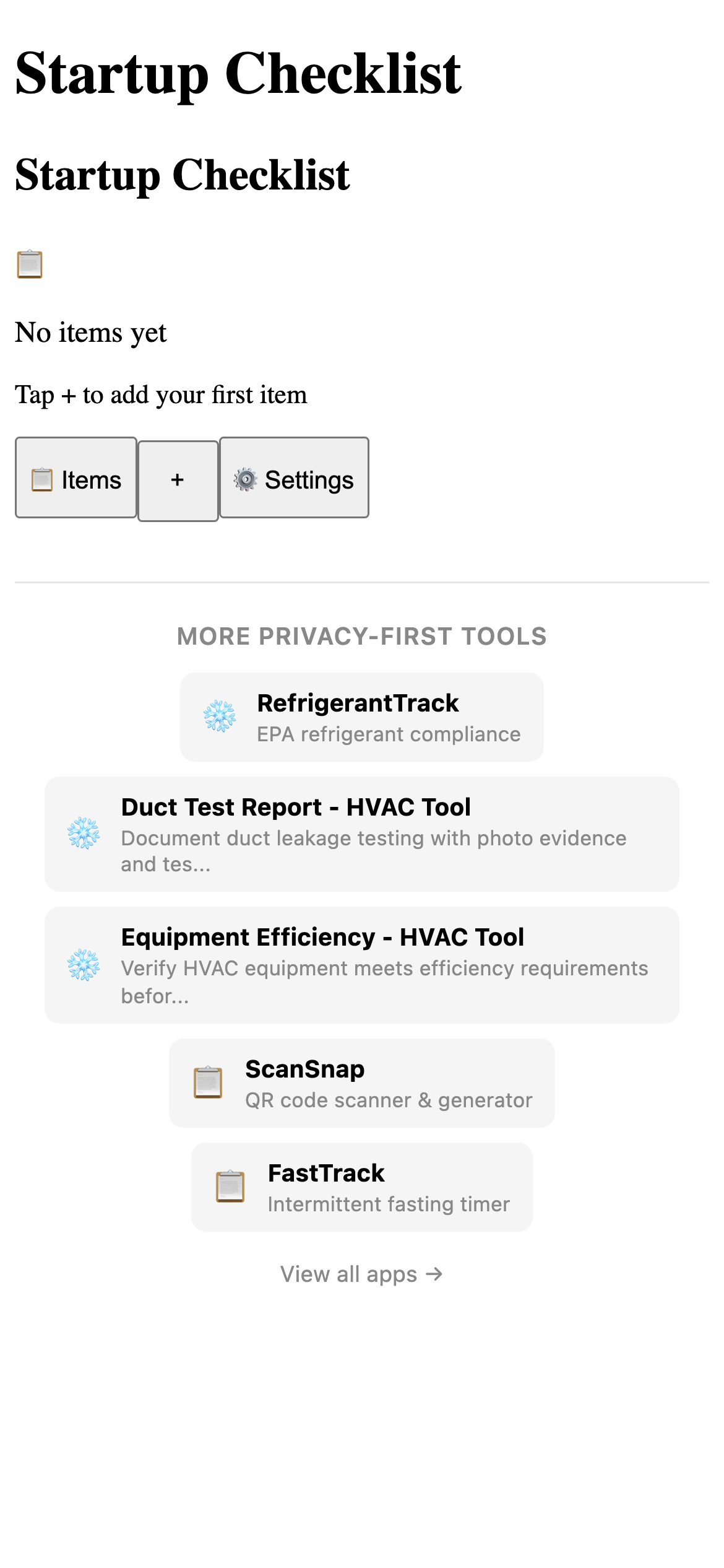 Startup Checklist - HVAC Tool Pro feature detail